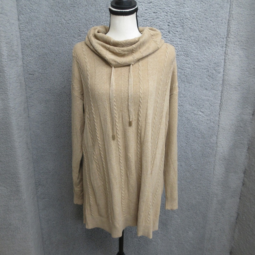 Chicos Zenergy Cashmere Blend Women M Beige Cable Knit Cowl Neck Tunic Sweater